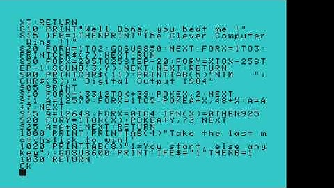Mattel Aquarius typed in game NIM with listing