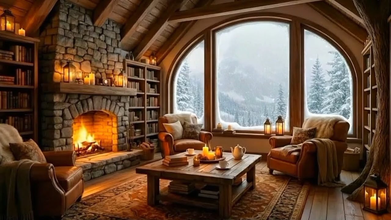 Cozy Winter Reading Library ❄️ Snowfall Ambience & Smooth Night Jazz