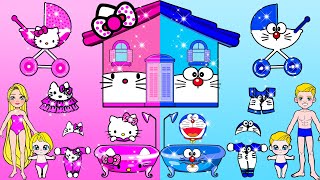Paper Dolls Dress Up  Costumes Hello Kitty & Doraemon Pink Vs Blue Paper Crafts  Rapunzel New Home