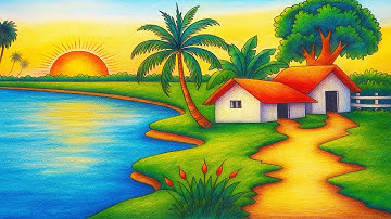 How to draw riverside village sunset scenery | Prakritik drishya drawing | Gramin drishya drawing