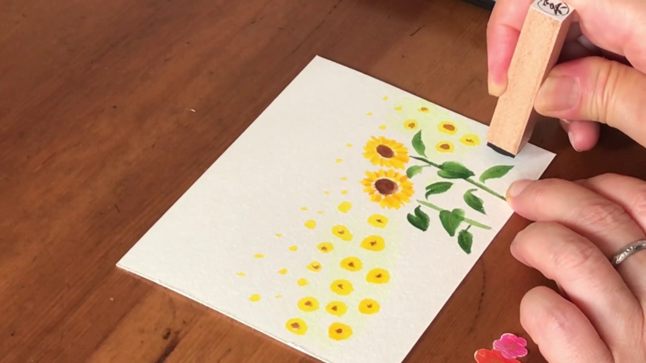 初心者でも描けますハガキ絵 ひまわり畑 花 水彩画 Sunflower Field Watercolor Painting Youtube