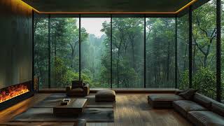 Relaxing Jazz Music for Stress Relief☕Smooth Music at Forest Living Room Ambience w/ Rain On Window