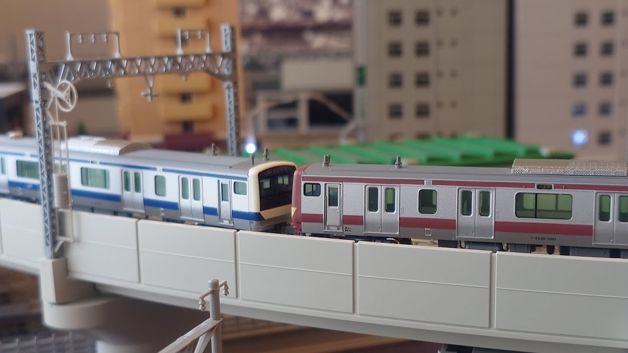 【Nゲージ】KATO E531系 常磐線・上野東京ライン(赤電タイプ 付属編成併結) + 東京メトロ 千代田線16000系 1次車走行動画