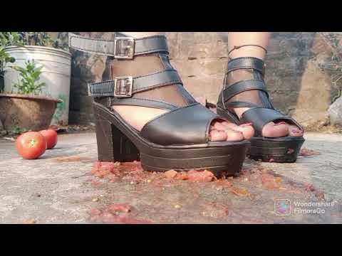 ASMR Tomato Crushing By Black High Heels Indian Feet TheBongLady95