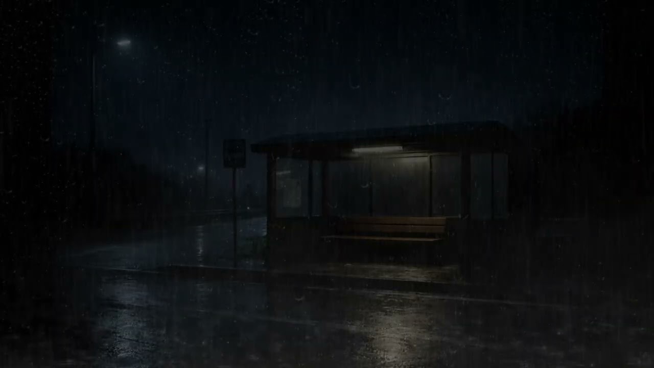 Lonely Night Bus Stop Ambience 🌙 Quiet Road, Wet Asphalt, Deep Calm for Sleep & Focus