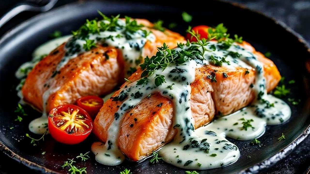 Delicious Salmon with Creamy Garlic butter Spinach sauce - YouTube