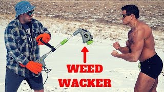 Bodybuilder VS WEED WACKER Challenge *CRAZY STINGING PAIN* | Weed Eater VS Human Skin Pain Test