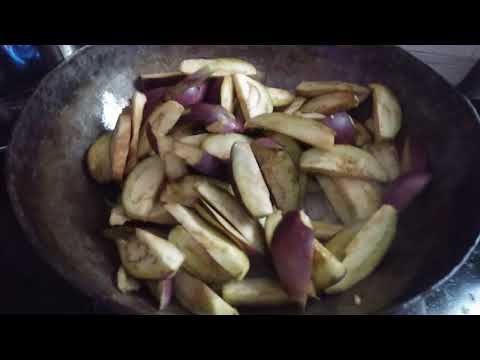 Simple and tasty brinjal fry in iron kadai in Tamil