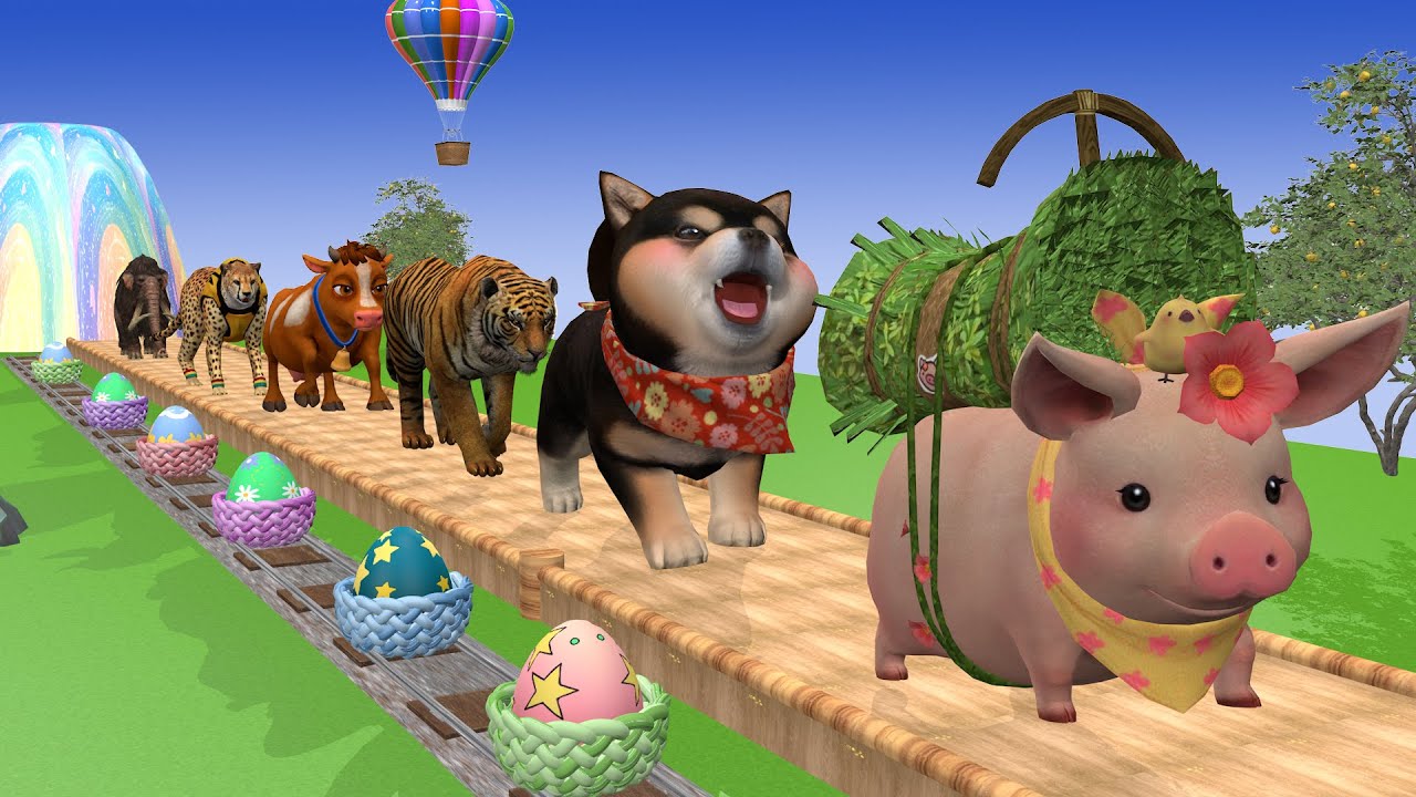 Игра «Длинная горка» с коровой, слоном, гориллой, бегемотом, тигром, 3D-игра с животными, забавны...