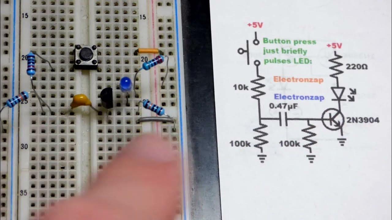 One rapid LED light pulse per press of push button switch circuit using