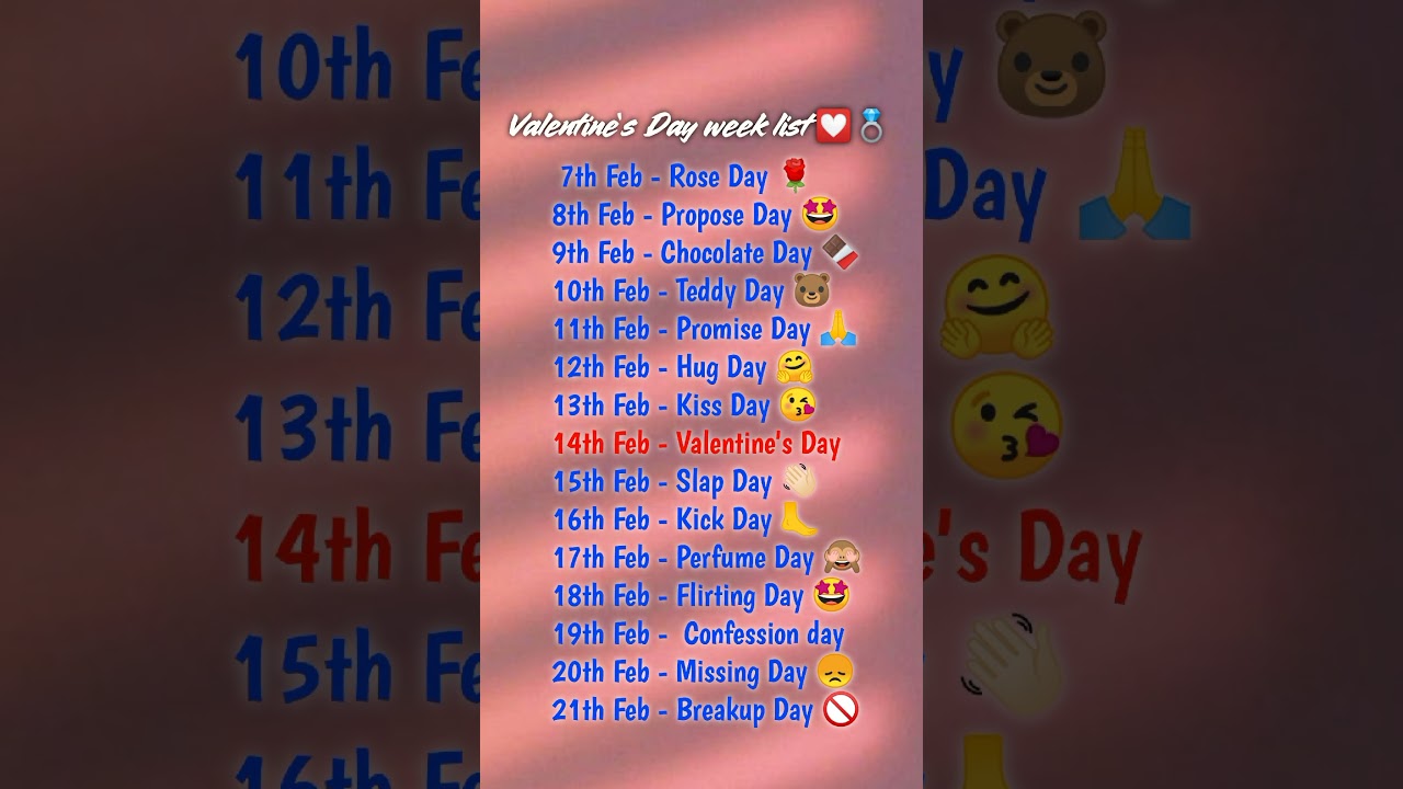 Valentine Week list | 7 Feb to 14 Feb all day list | February days list 2026 | Valentine Day Status