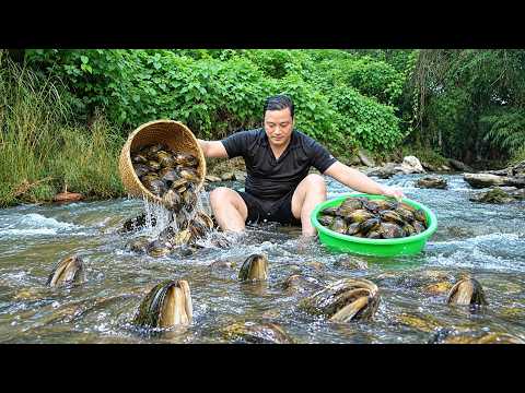 Diving for freshwater mussels in a deep pool; preparing whole grilled freshwater mussels.