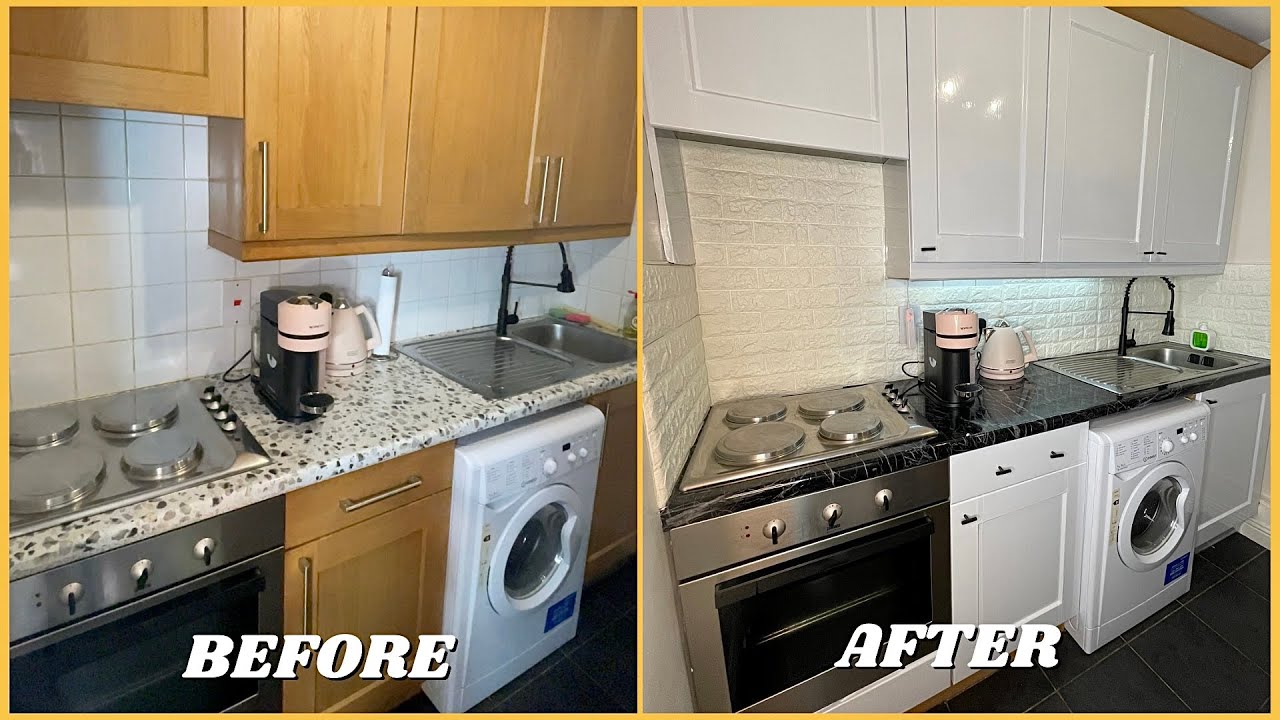 €130 DIY SHEIN kitchen renovation before and after kitchen makeover Dublin Apartment - YouTube
