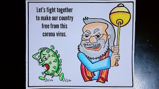 Coronavirus Drawing | Corona Awareness Modi Cartoon - Let's Fight Together