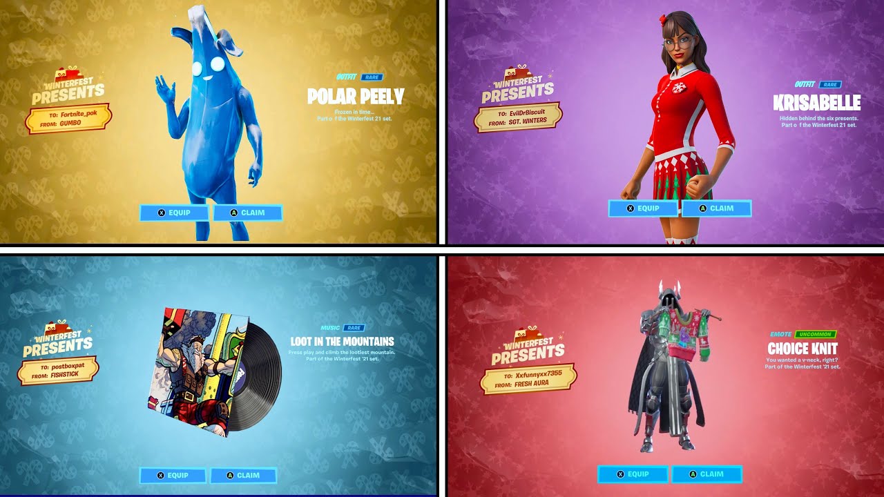 Opening All 28 Winterfest Presents - Winterfest Fortnite 2021 - 2019 (Fortnite PRESENTS GUIDE)
