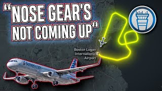 STUCK NOSE GEAR After Takeoff From Boston Results in Air Return [ATC audio]