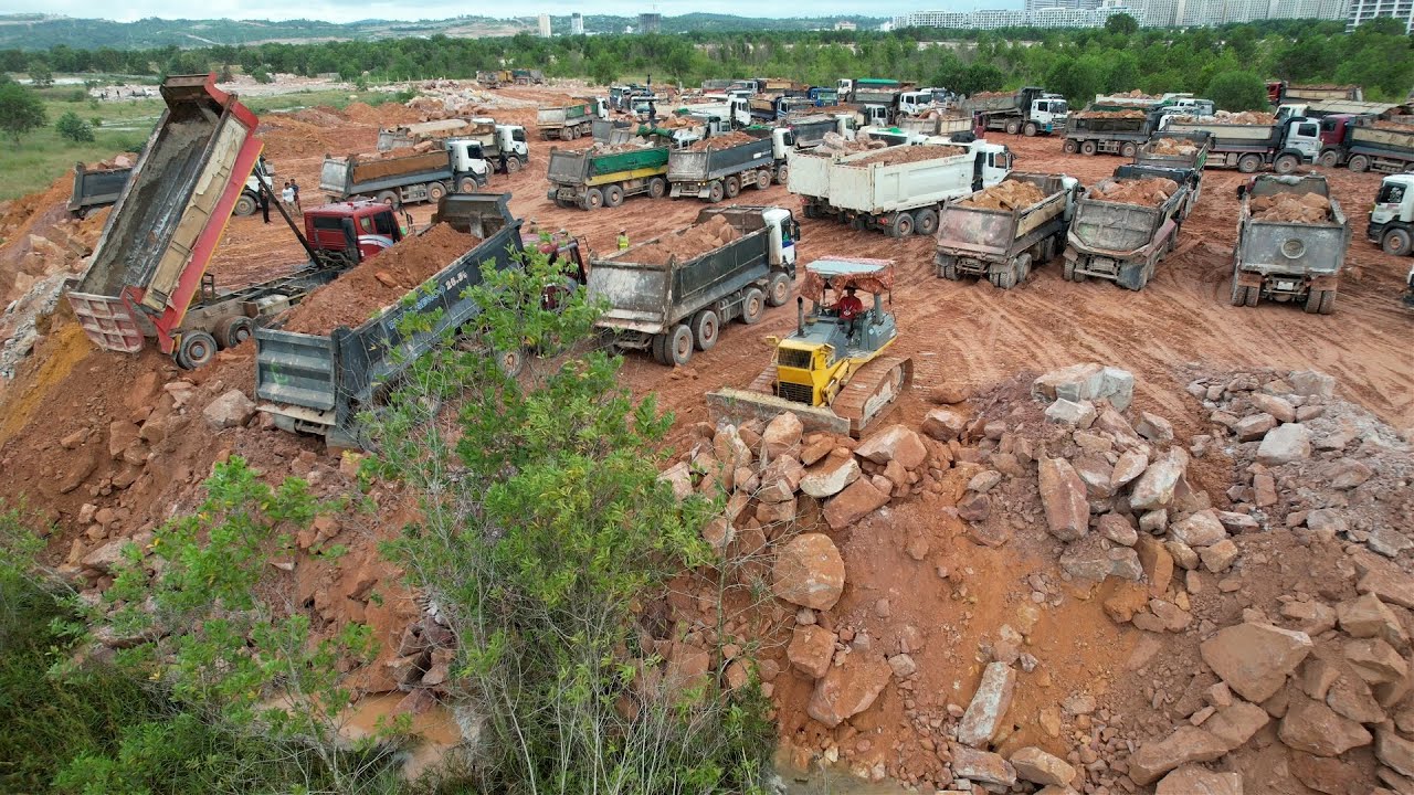 Staggering Mega Landfill Operations: Many Dumpers Unload Massive Rocks ...