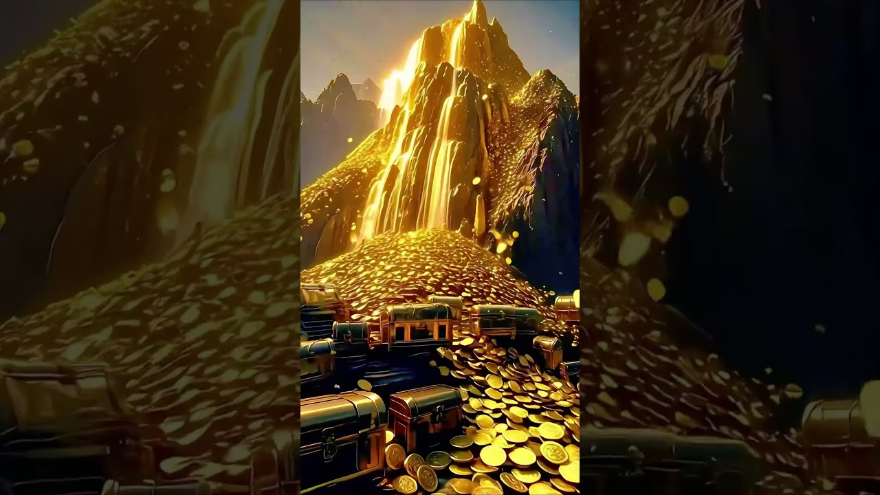 Endless wealth flows in, forming a mountain of gold. 