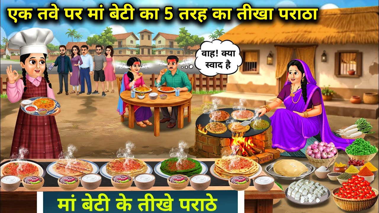 गरीब मां बेटी का 5 तरह का तीखा पराठा||Hindi Cartoon Stories||Mother-daughter's 5 types of 