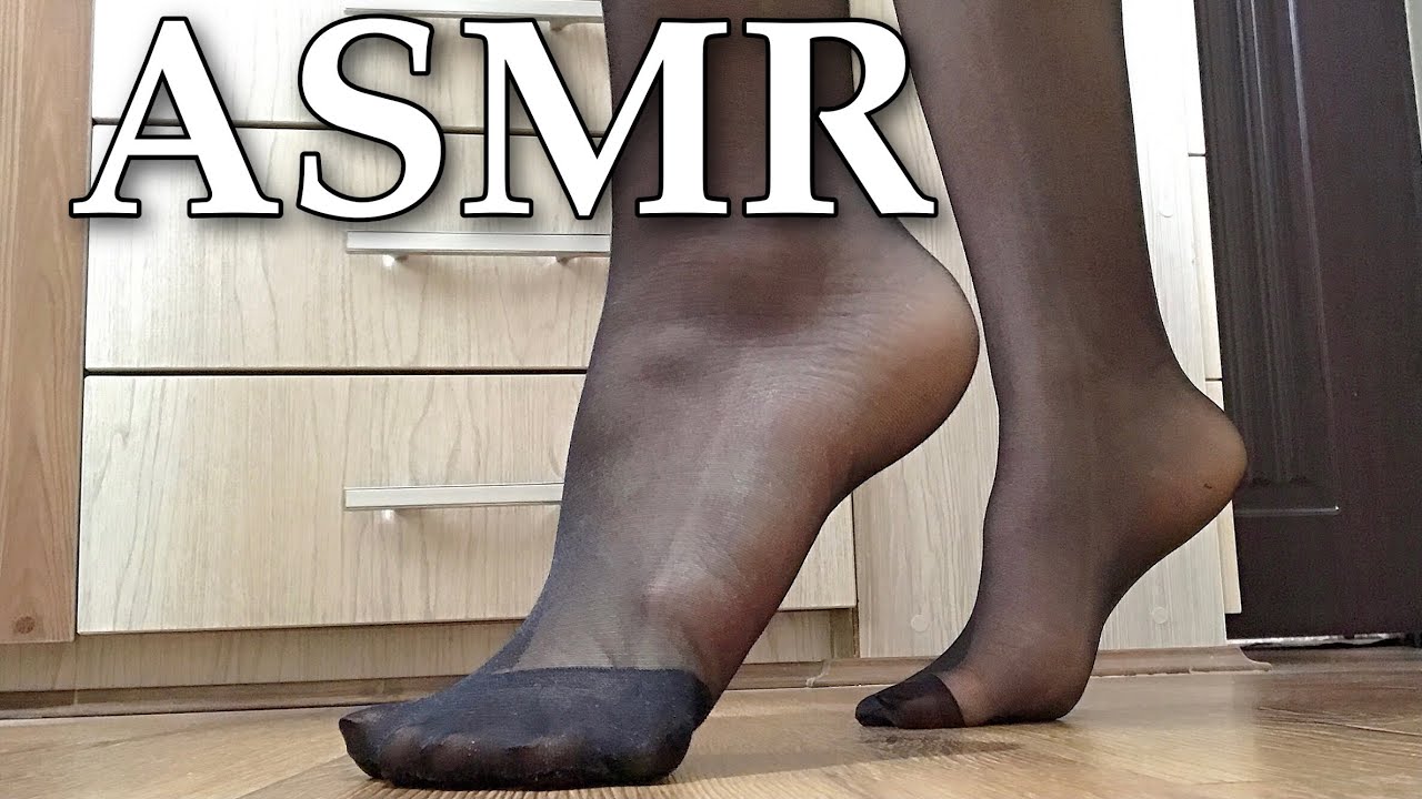ASMR Walking and Dragging Feet in Black Pantyhose on Wooden Surface