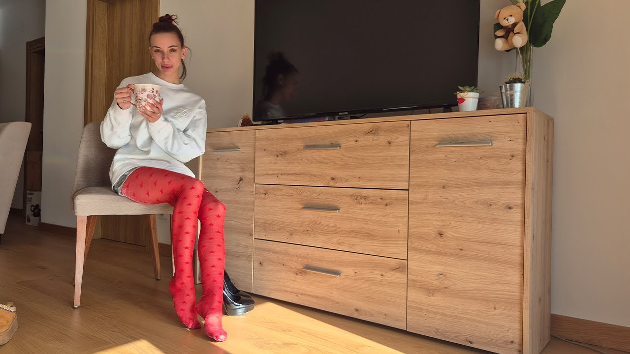 Trying On Red Heart-Patterned Tights: Slippers vs. Heels! Home Outfit Vibes