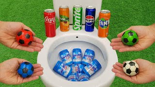 Big Football VS Popular Sodas !! Coca Cola, Fanta, Pepsi, Fuse Tea, Sprite and Mentos in the toilet