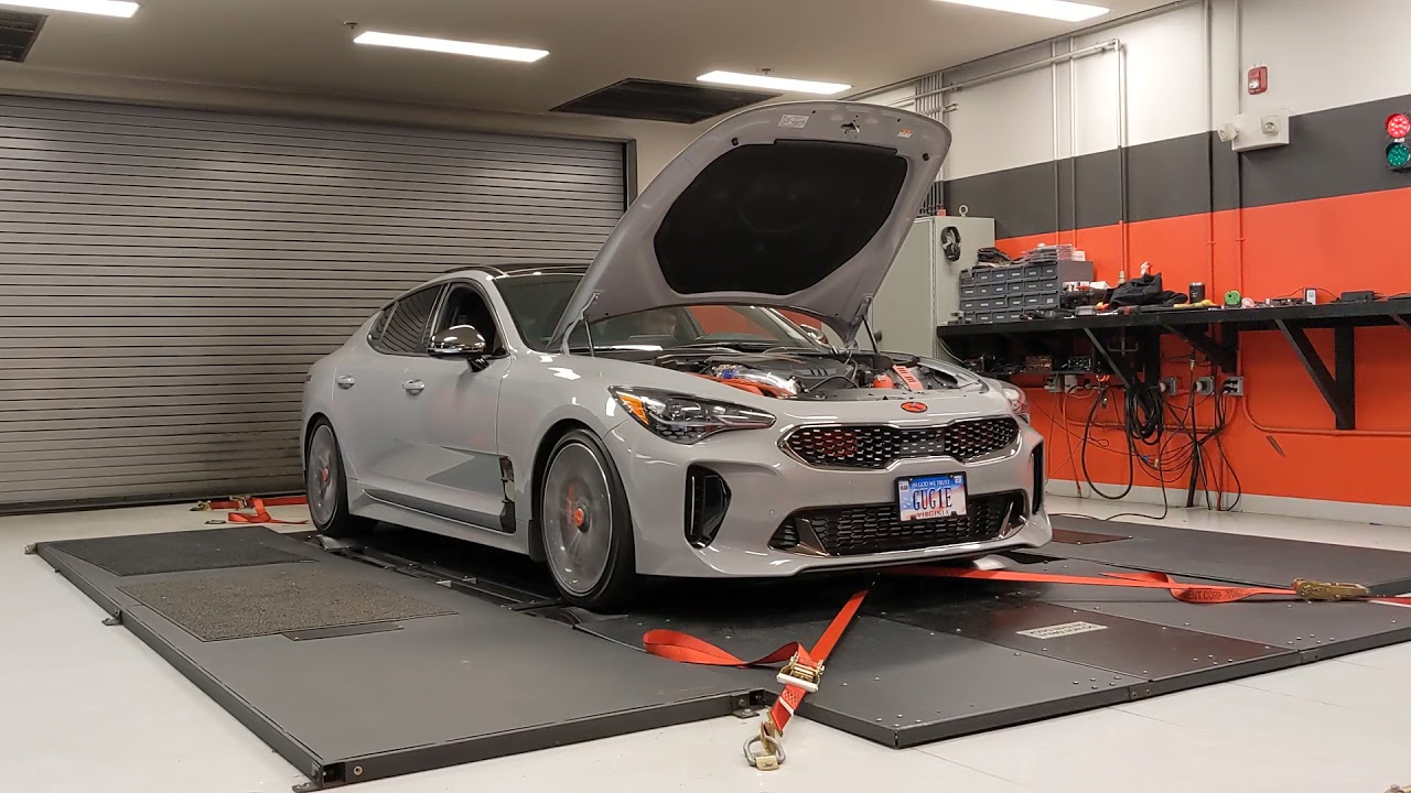 2021 kia stinger Gt2 with JB4, high flow cat primary, mid pipe , cat back 467wheel hp  on dyno