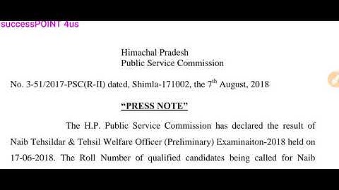 HPPSC Declare Result Naib Tehsildar & Welfare Officer (Preliminary) Examination-2018