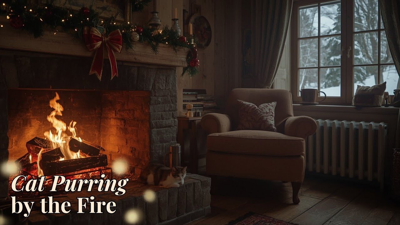 Cat Purring by the Fire 🔥🐈 | Cozy Fireplace Sounds for Sleep & Relaxation