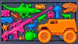 Cleaning toy vehicles: truck, monster truck, tow truck, Vespa scooter, crocodile, anomaly