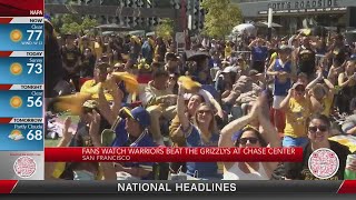 Fans gather outside of Chase Center to celebrate Warriors' road Game 1 win