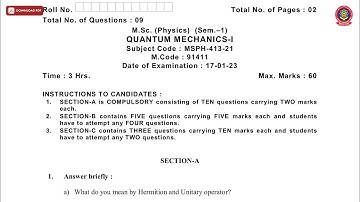 MSC 1ST SEM PHYSICS QUANTUM MECHANICS 1ST JAN 2023 | PTU