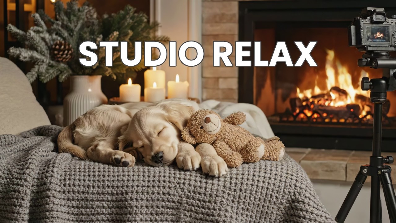 🔴 Studio Sleep Ambience: HD Cinematic Fireplace & Puppy Music for Anxiety Relief 📷🐾
