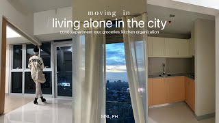 Moving In Vlog | Living Alone in the City (apartment/condo tour, groceries, kitchen organization)