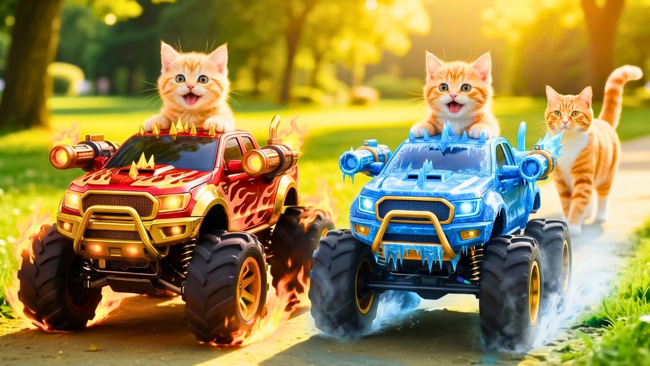 Mother Cat & Kitten Epic Racing Adventure | Monster Truck Chase & Space Journey for Kids