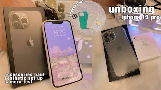 unboxing iPhone 13 pro graphite (256 gb) in 2022 | accessories, aesthetic set up + camera test