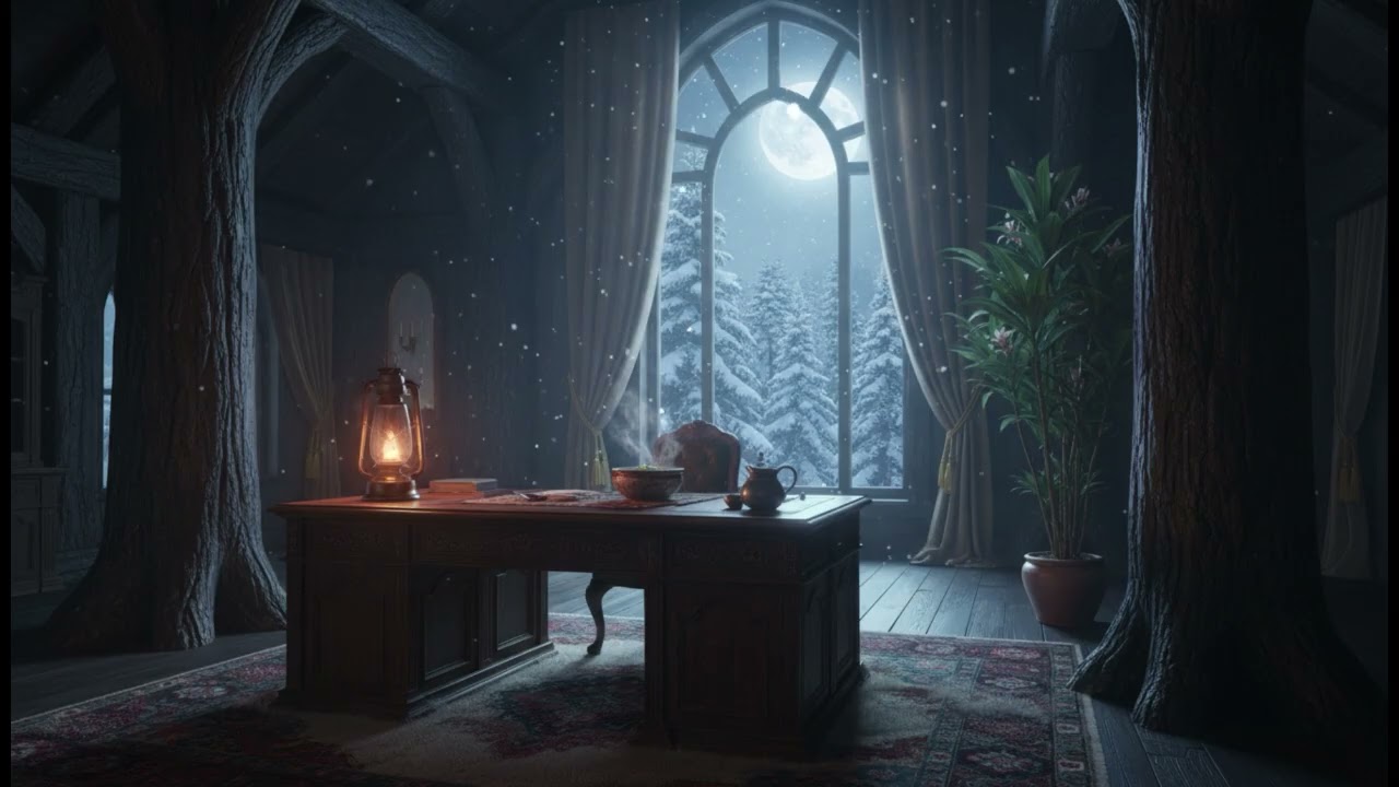 Winter Cabin Calm Night – Warm Lantern Glow, Moonlit Snow & Deep Winter Stillness