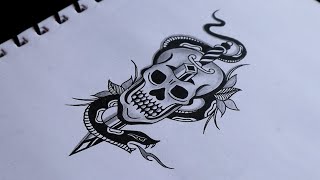 Making an amazing skull with snake tattoo design with pen