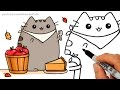 How to Draw Autumn Pusheen Cat Eating Pie step by step Easy - Fall Leaves