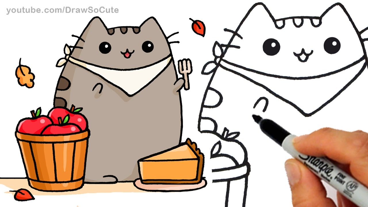 How to Draw Autumn Pusheen Cat Eating Pie step by step Easy - Fall Leaves