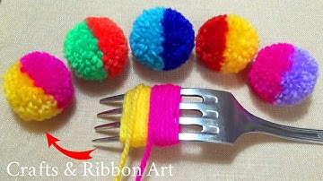 Super Easy Pom Pom Making Ideas with Fork - Hand Embroidery Amazing Trick -Easy Woolen Flower Making