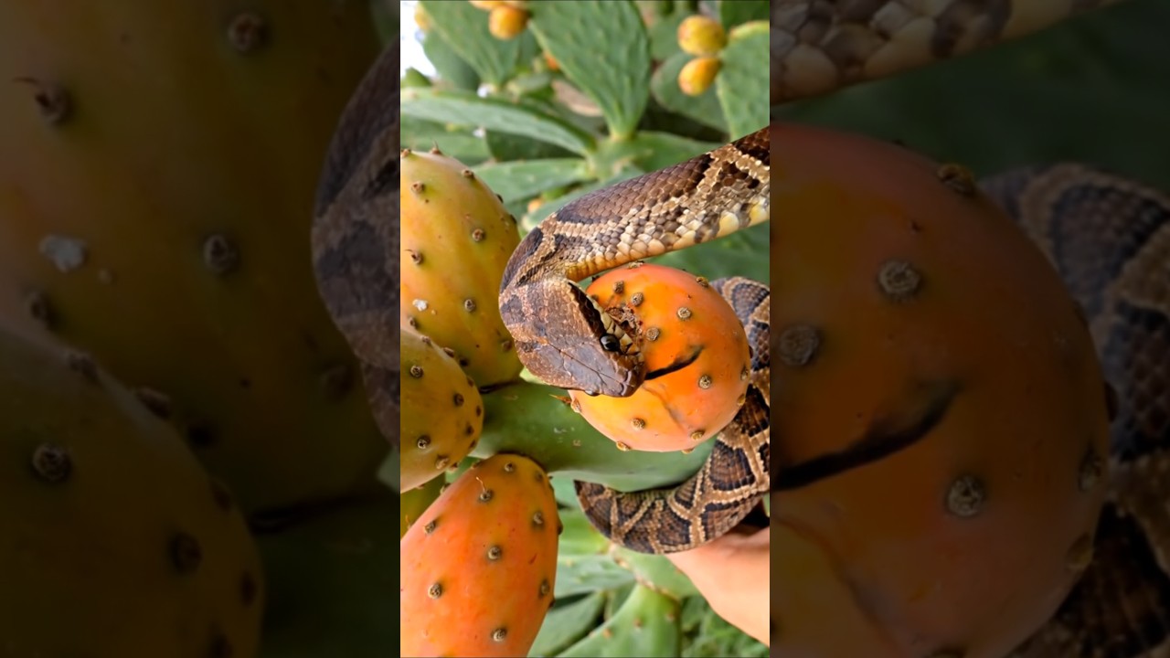 The beautiful russel viper snake is eating cactus fruit 
