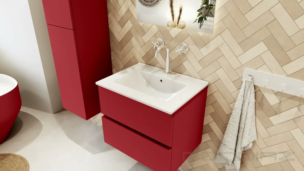 VICA 60cm mueble de baño Rosee 2 cajones. Lavabo DENIA Centro 1 orificio,  color Blanco brillo.