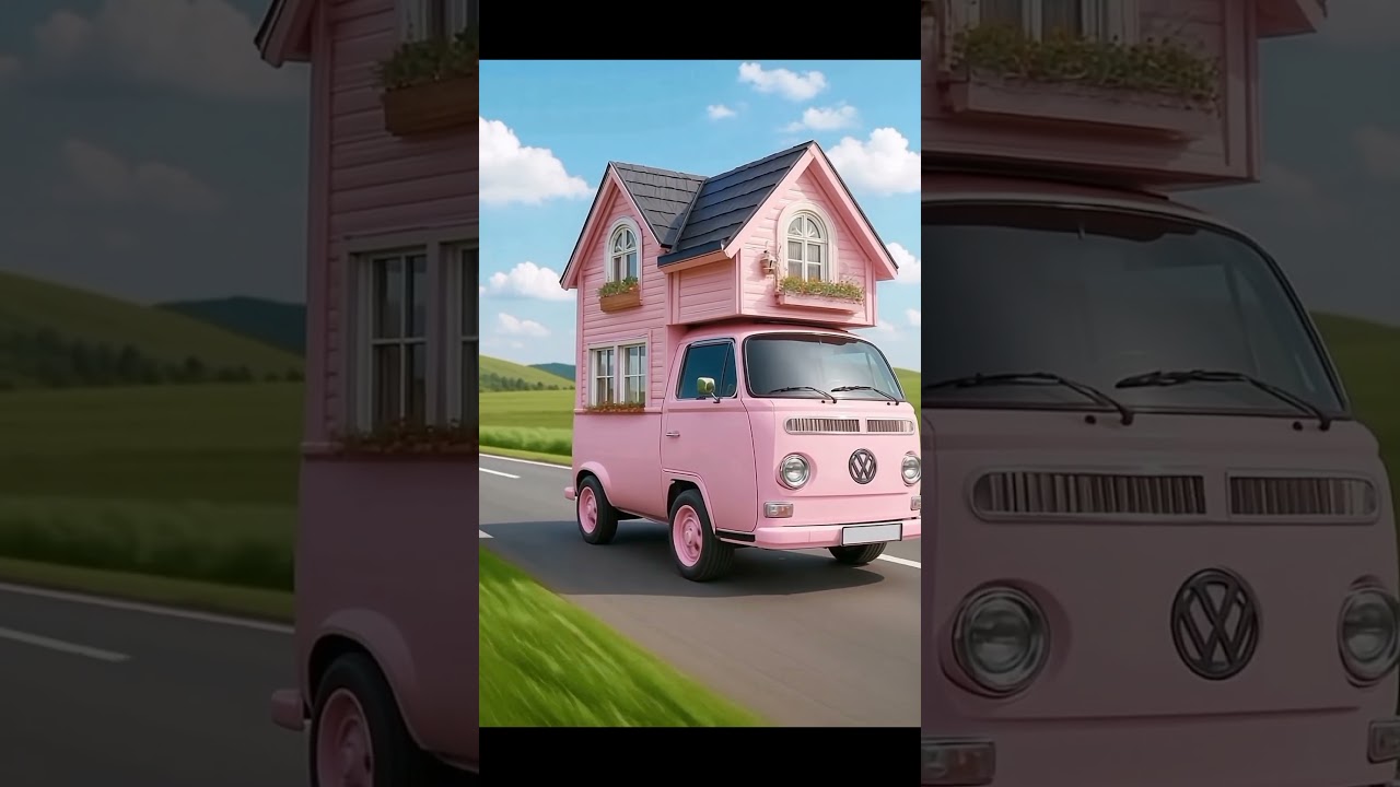 A Whimsical Pink Volkswagen Van Modified to Resemble a Tiny House 