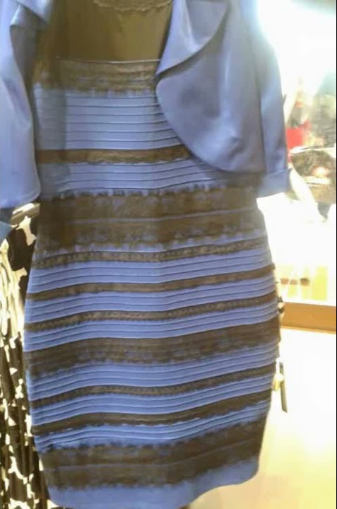 What is the color of the dress?Blue and black or white and gold?