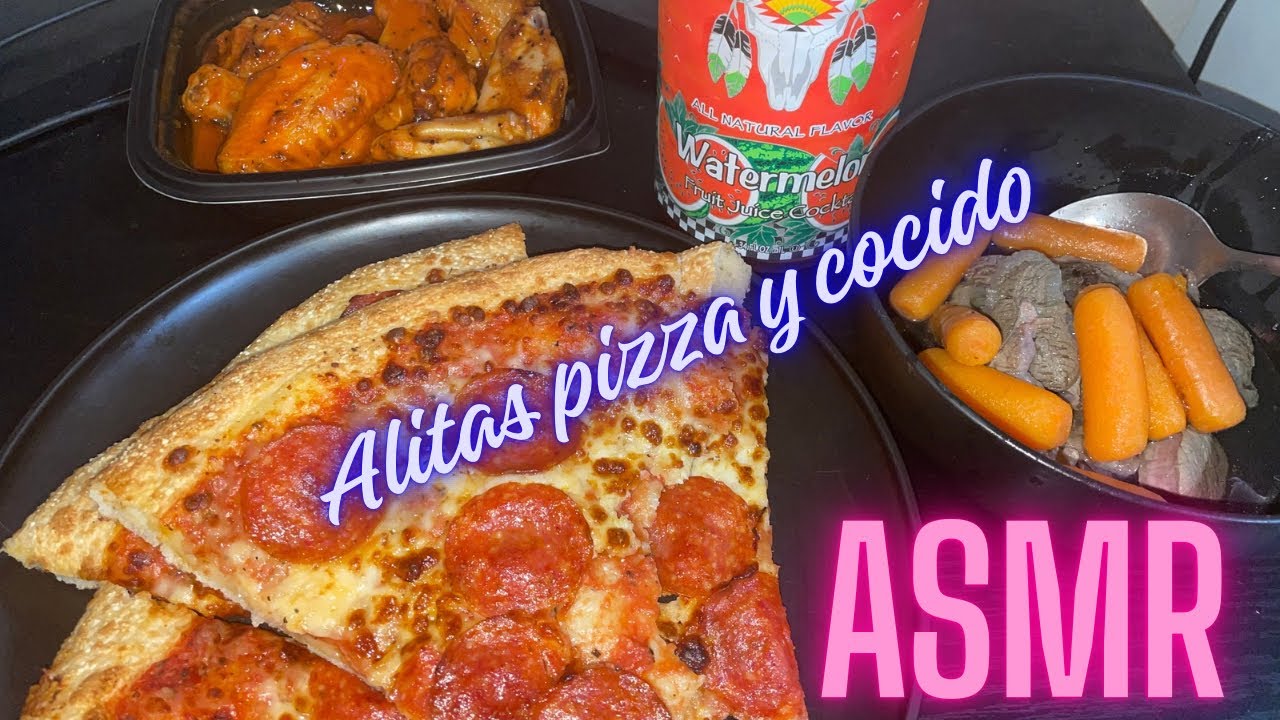 Asmr comiendo pizza alitas y cocido 🍕 🍗