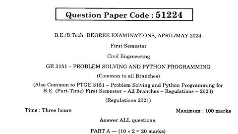 GE3151 Problem Solving and Python Programming Nov/Dec 2024 #r2021  #pspp #sem1 #importantquestions
