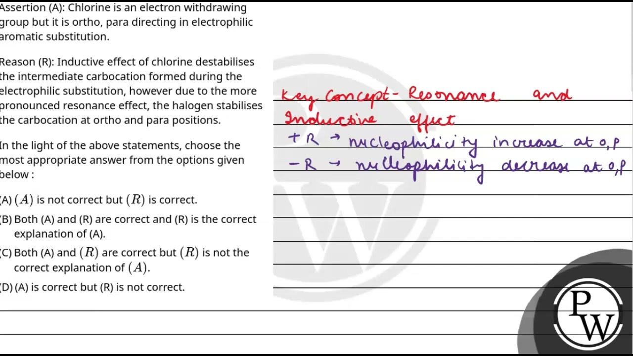Assertion (A): Chlorine is an electron withdrawing group but it is ortho, para directing in elec....