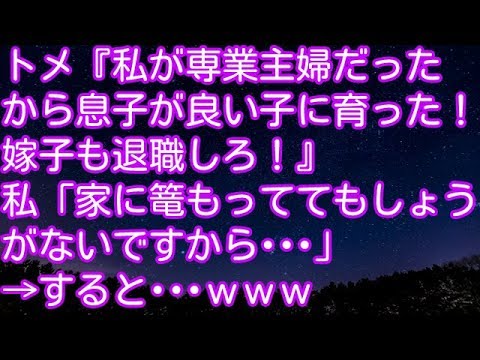 スカッとする話！トメ『私が専業主婦だったから息子が良い子に育った！嫁子も退職しろ！』私「家に篭もっててもしょうがないですから･･･」→すると･･･ｗｗｗ
