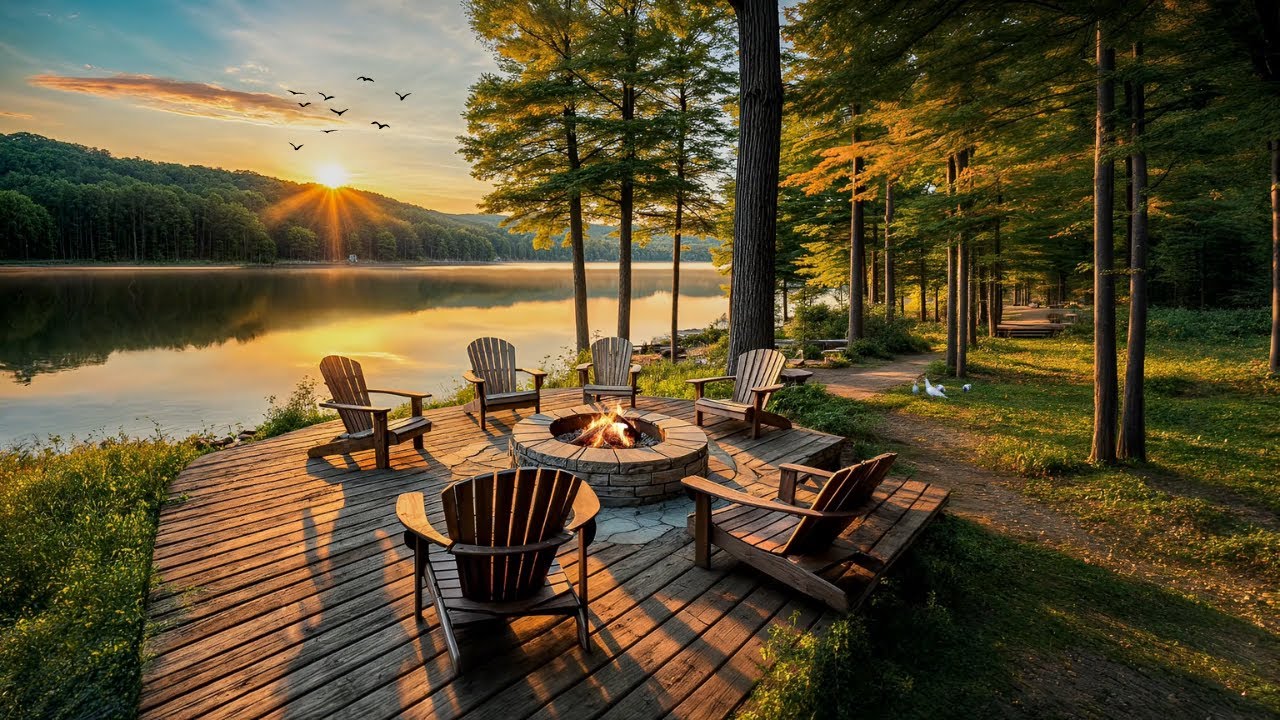Golden Sunrise by the Lake | Cozy Fire Pit, Bird Songs, and Scenic ...